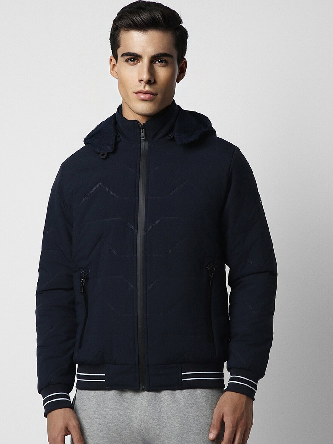 

Van Heusen Flex Self Design Hooded Bomber Jacket, Navy blue