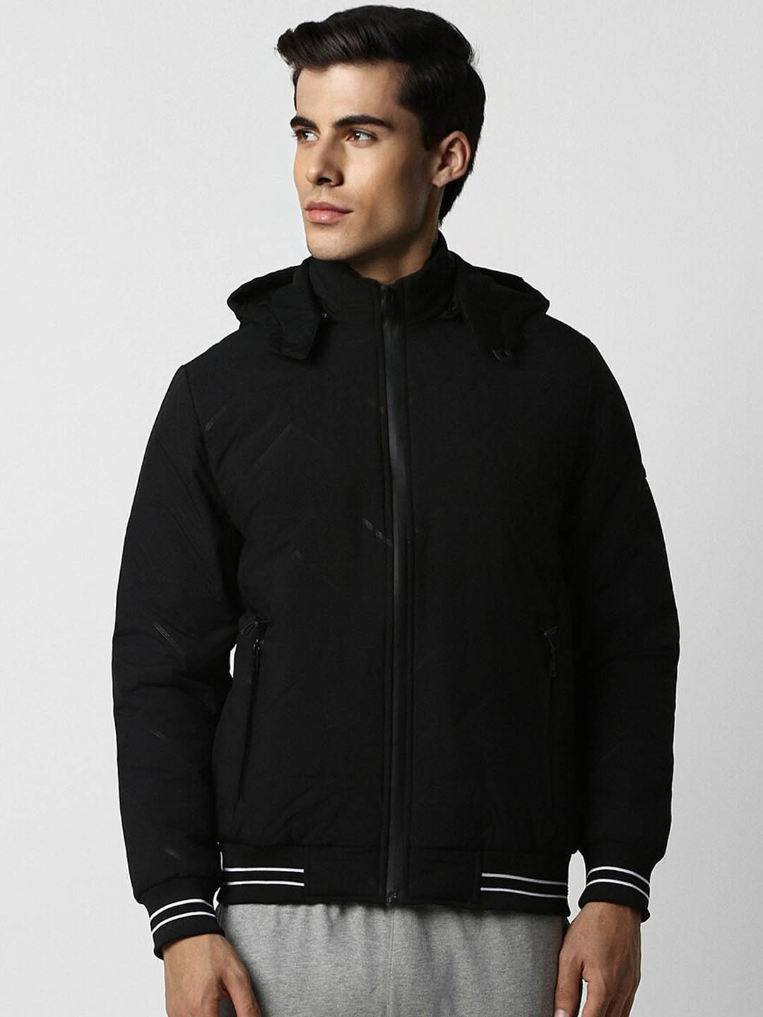 

Van Heusen Flex Self Design Hooded Bomber Jacket, Black