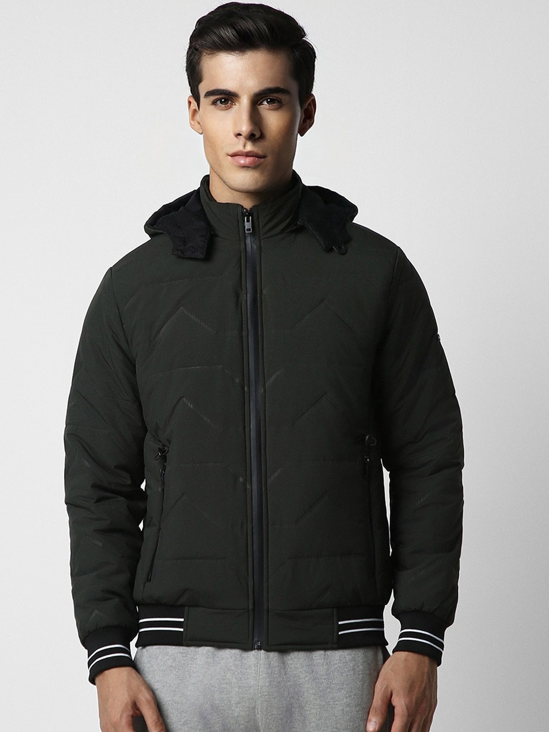 

Van Heusen Flex Self Design Hooded Bomber Jacket, Green