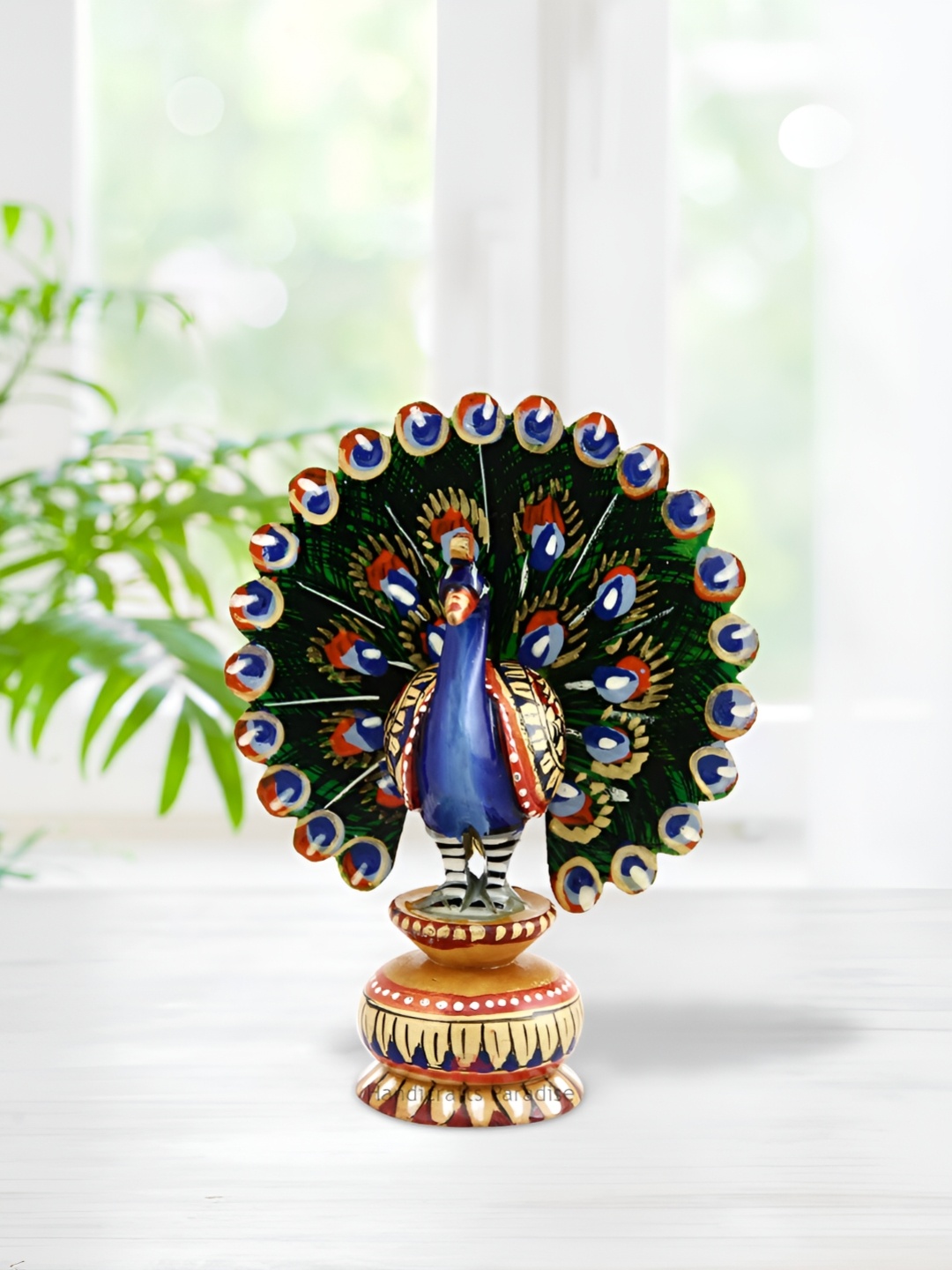 

HANDICRAFTS PARADISE Blue Wooden Peacock Showpiece