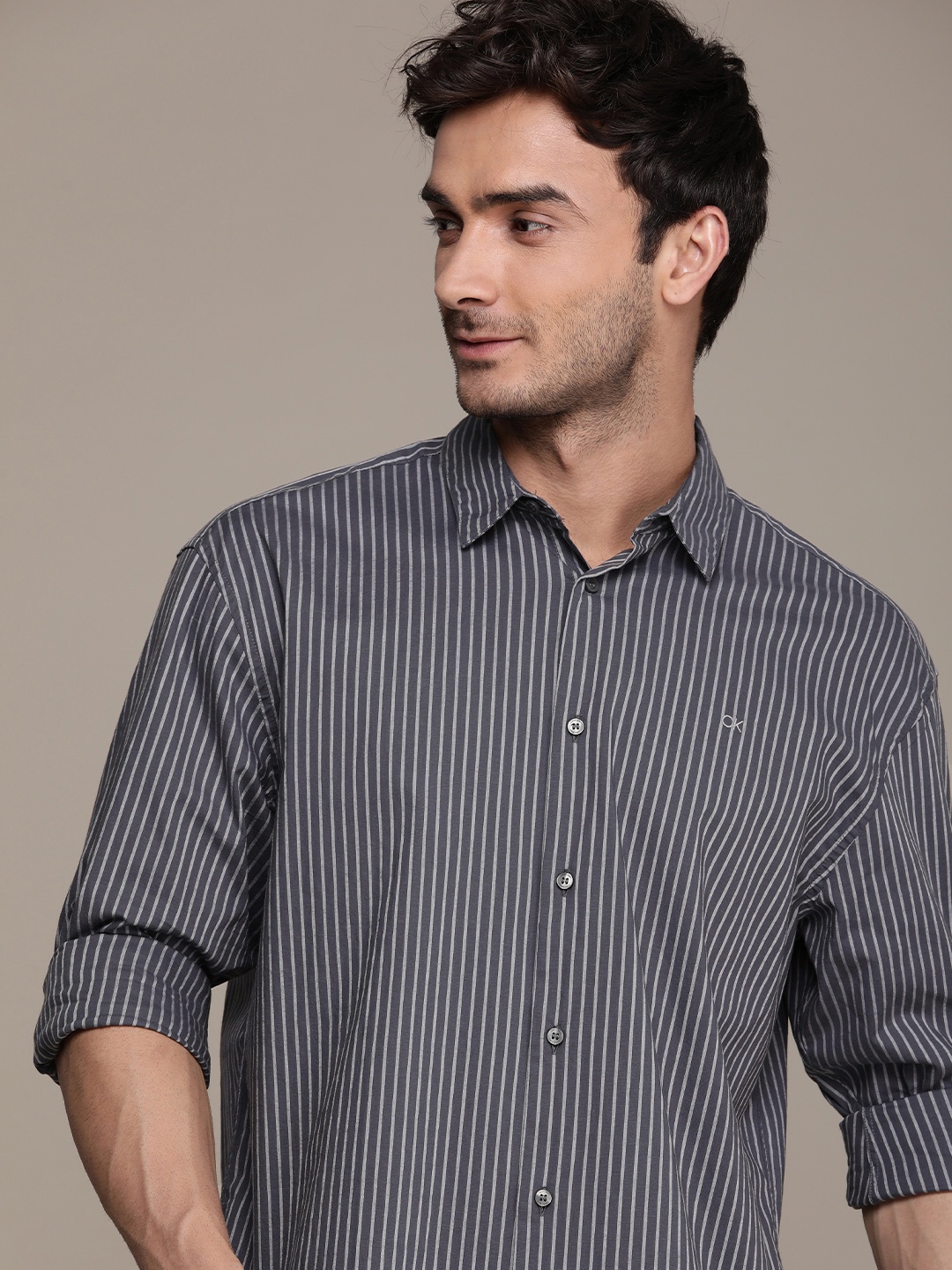 

Calvin Klein Jeans Men Pure Cotton Striped Casual Shirt, Grey