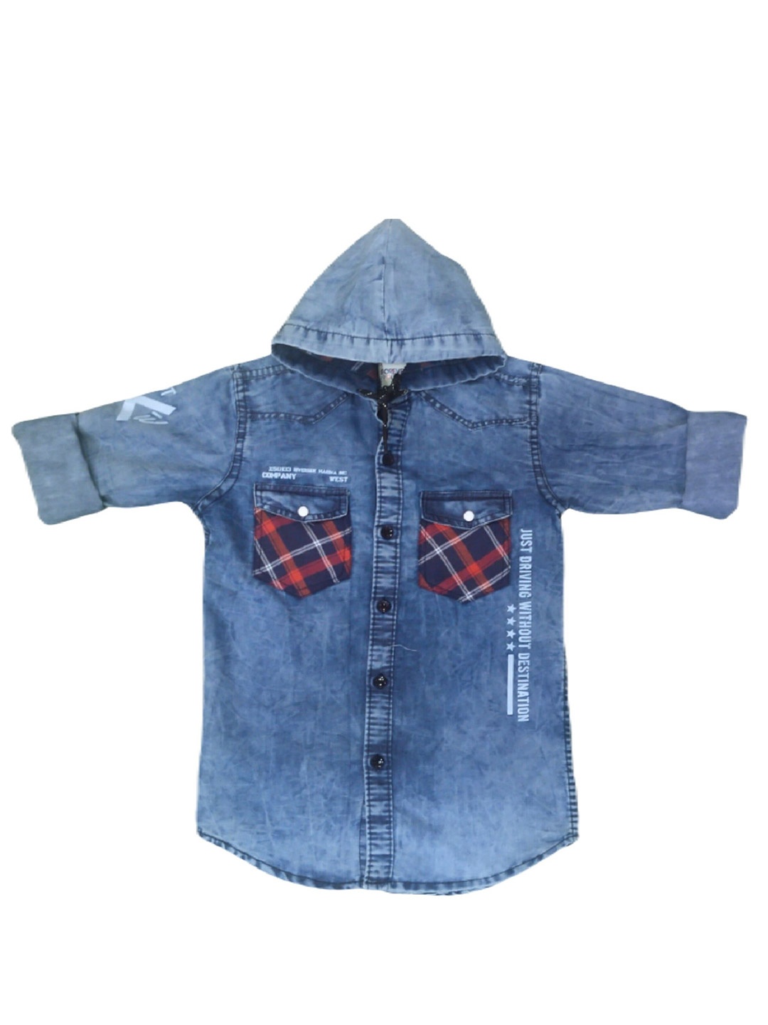 

BAESD Boys Comfort Typography Printed Hooded Cotton Denim Casual Shirt, Blue