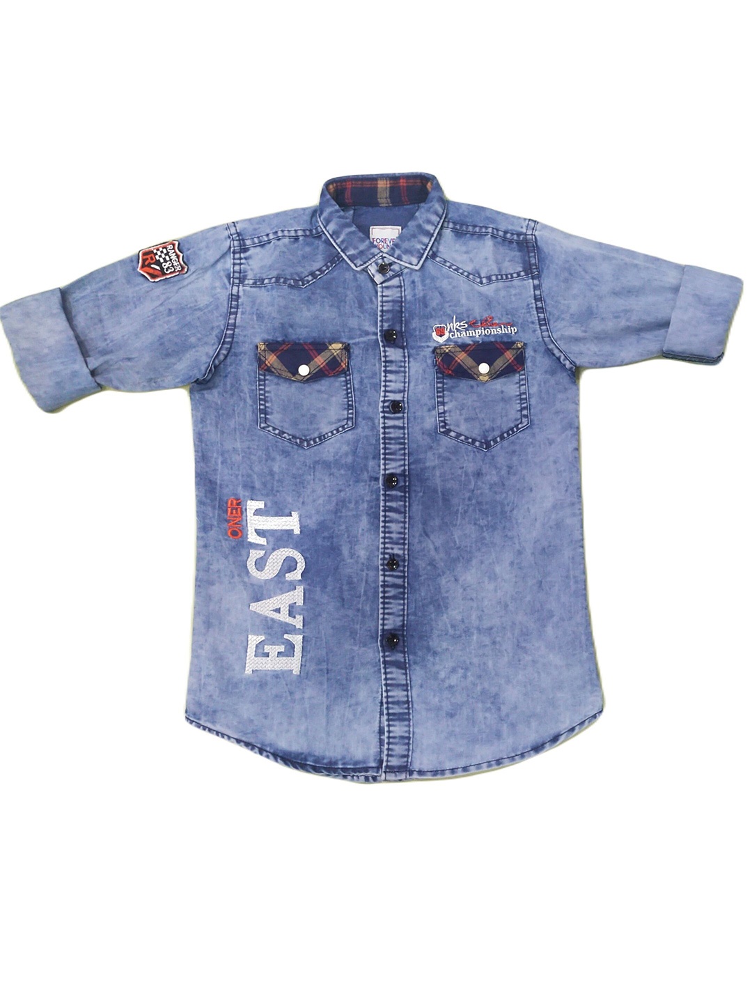 

BAESD Boys Comfort Typography Printed Spread Collar Cotton Denim Casual Shirt, Blue