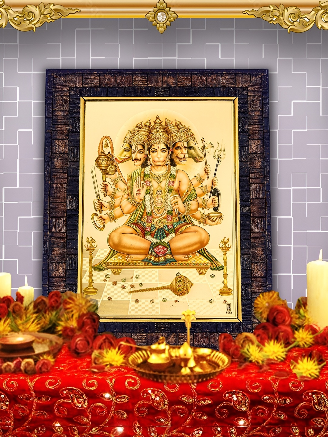 

Hawai Black & Beige Pancha Mukhi Hanuman Ji Gold Plated Wooden Wall Photo Frame