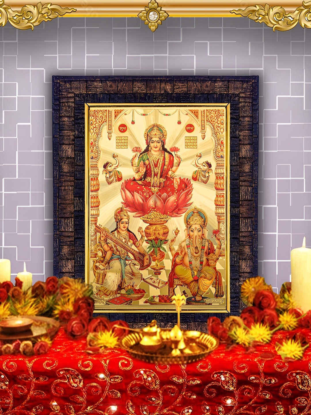 

Hawai Black & Beige Ganesh Laxmi Saraswati Gold Plated Wooden Wall Photo Frame