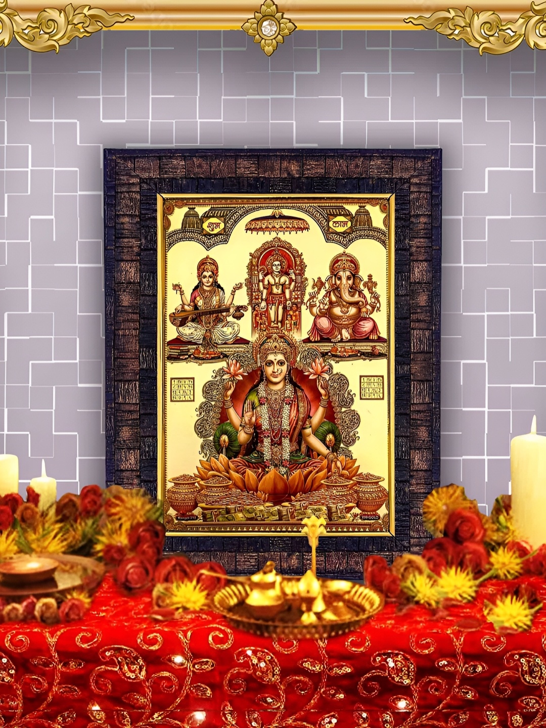 

Hawai Black & Red Ganesh Laxmi Saraswati Gold Plated Wooden Wall Photo Frame