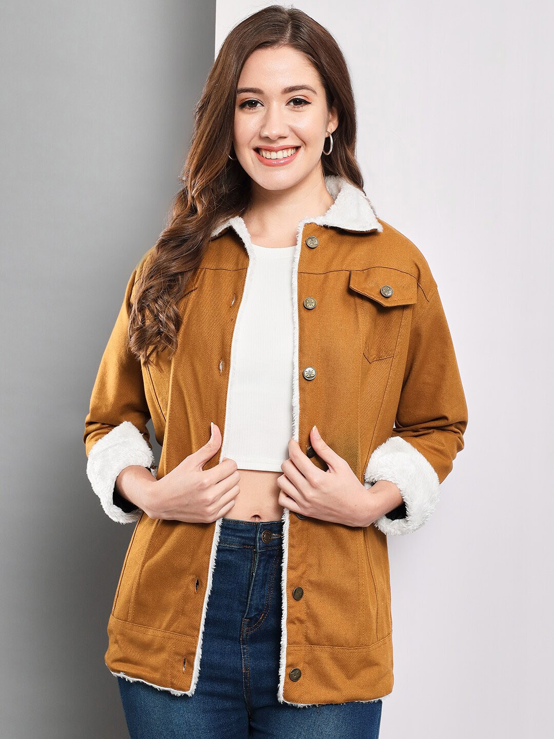 

Funday Fashion Spread Collar Longline Cotton Tailored Jacket, Tan