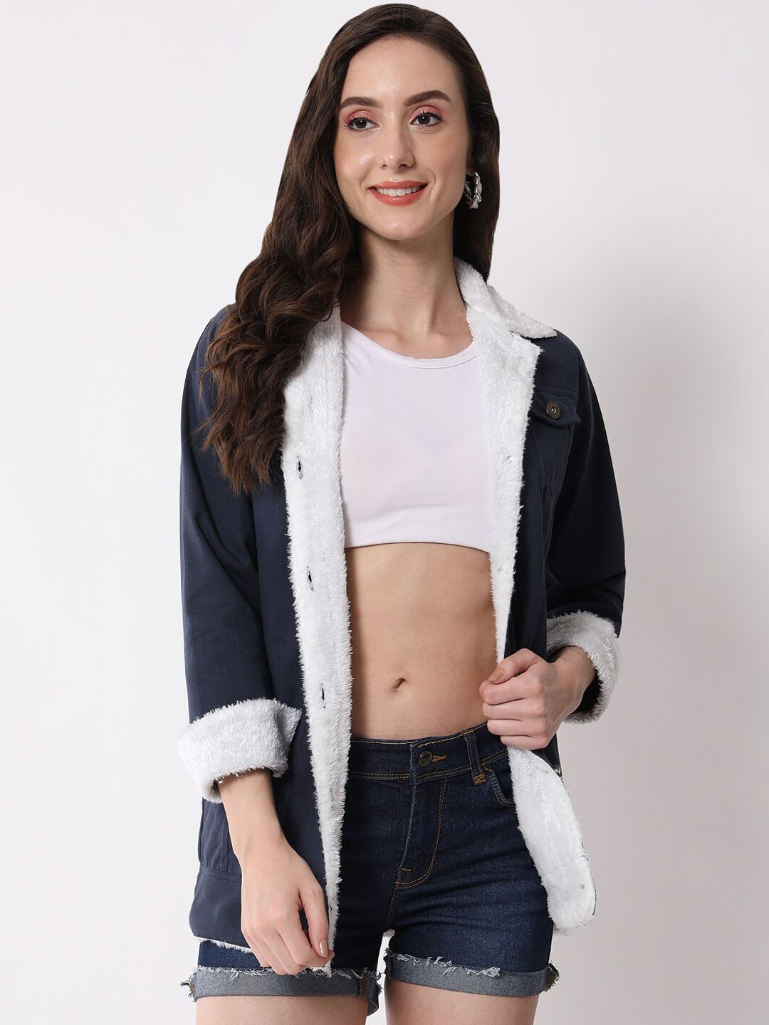 

Funday Fashion Spread Collar Longline Cotton Denim Jacket, Navy blue