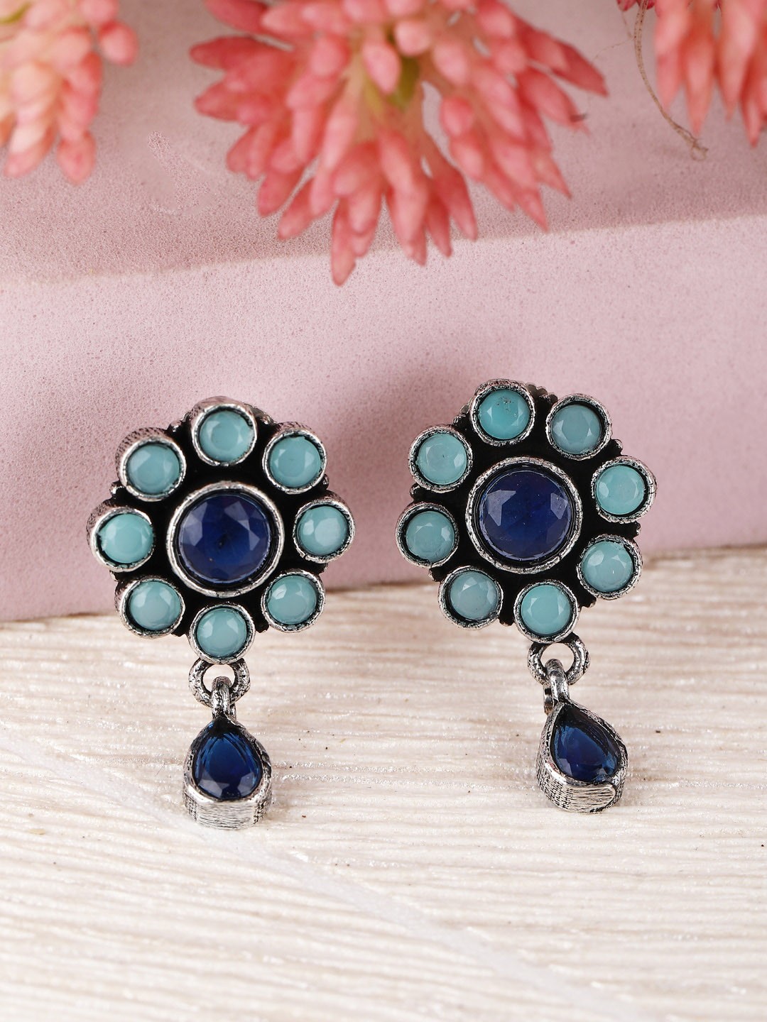 

Sangria Silver-Plated Artificial Stones-Studded Floral Studs Earrings