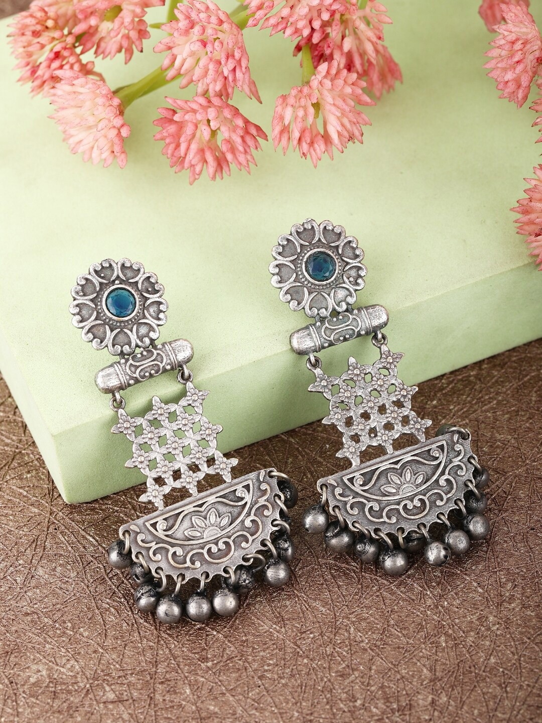 

Sangria Silver-Plated Artificial Stones-Studded Oxidised Drop Earrings