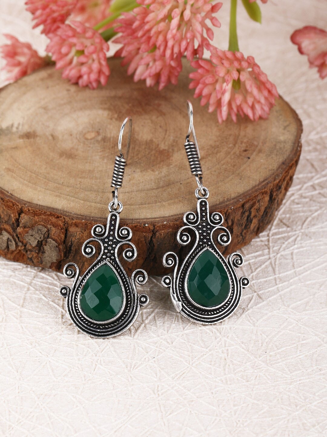 

Sangria Silver-Plated Artificial Stones-Studded Oxidised Drop Earrings