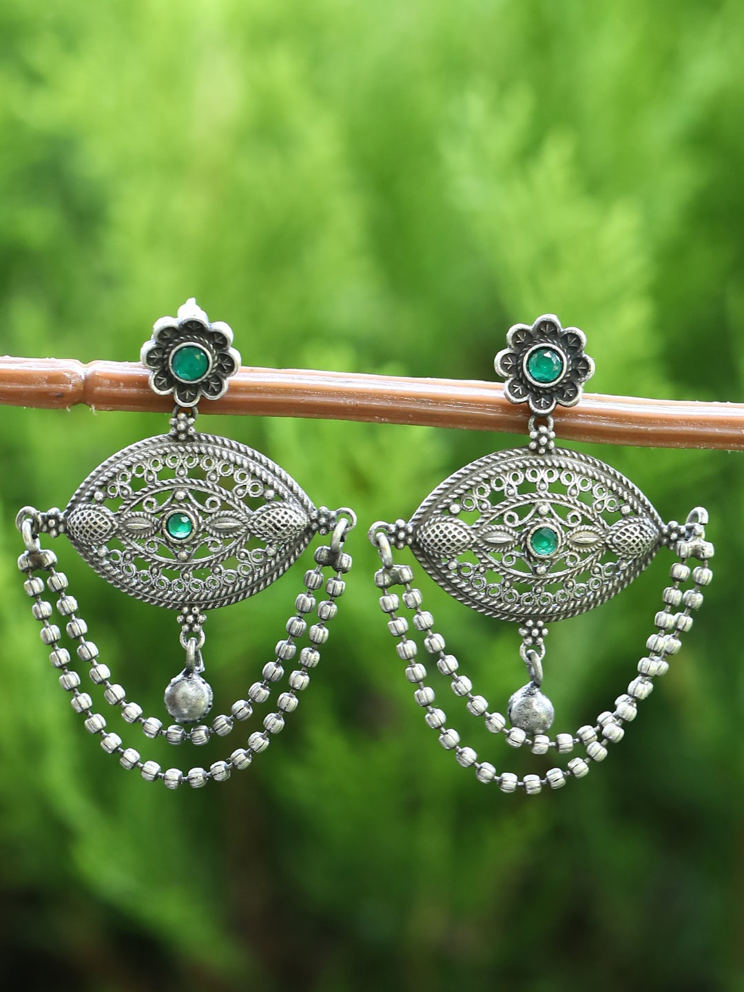 

Sangria Silver-Plated Artificial Stones-Studded Oxidised Drop Earrings