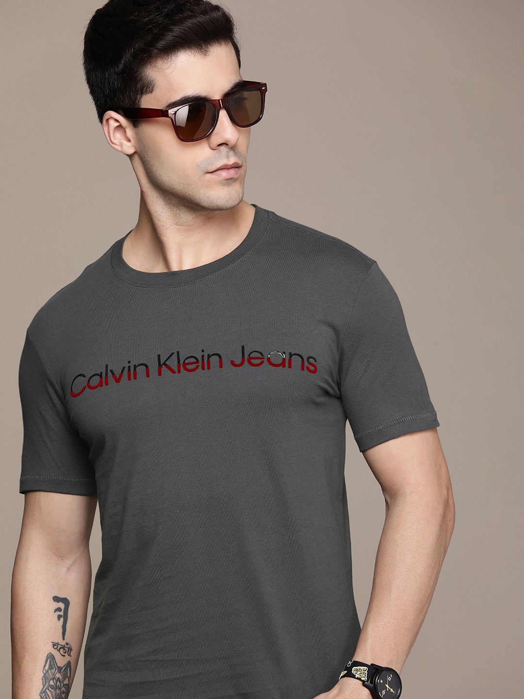 

Calvin Klein Jeans Brand Logo Embroidery Pure Cotton T-shirt, Grey