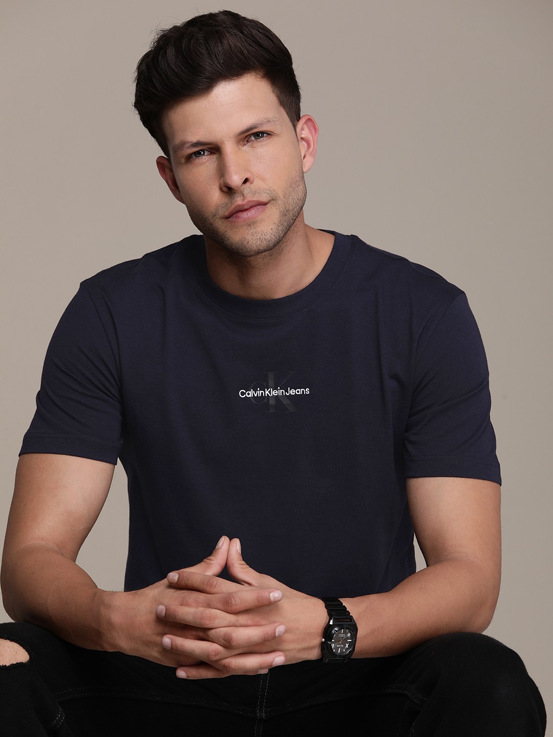 

Calvin Klein Jeans Brand Logo Embroidered Pure Cotton T-shirt, Navy blue