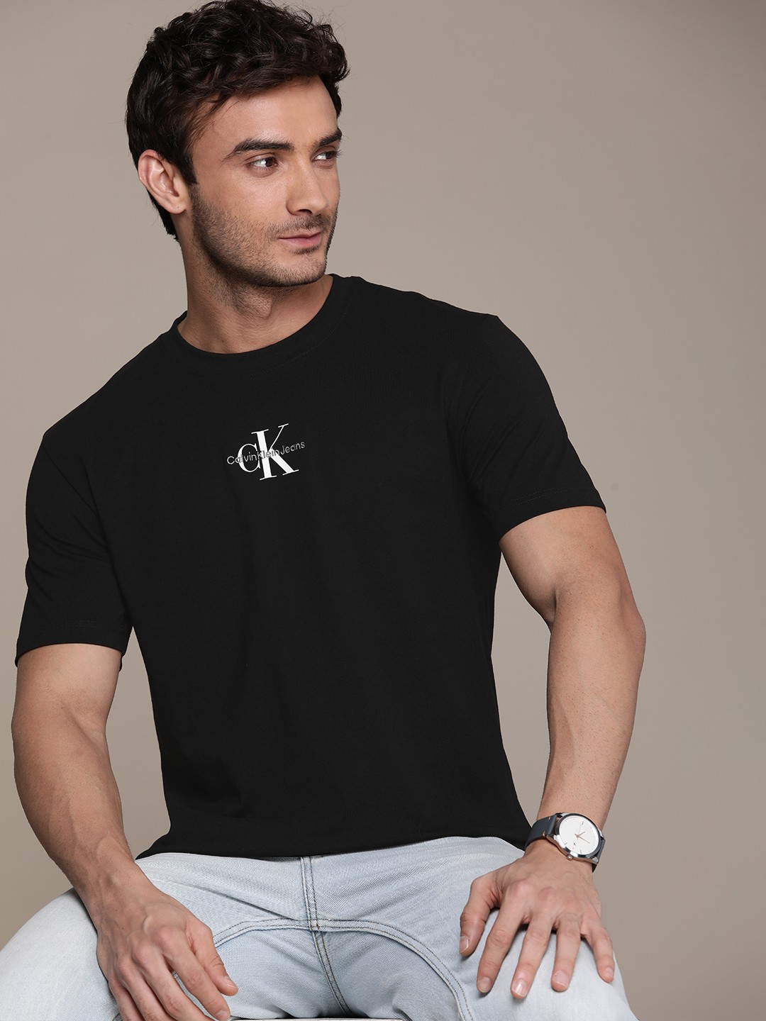 

Calvin Klein Jeans Brand Logo Printed Pure Cotton T-shirt, Black