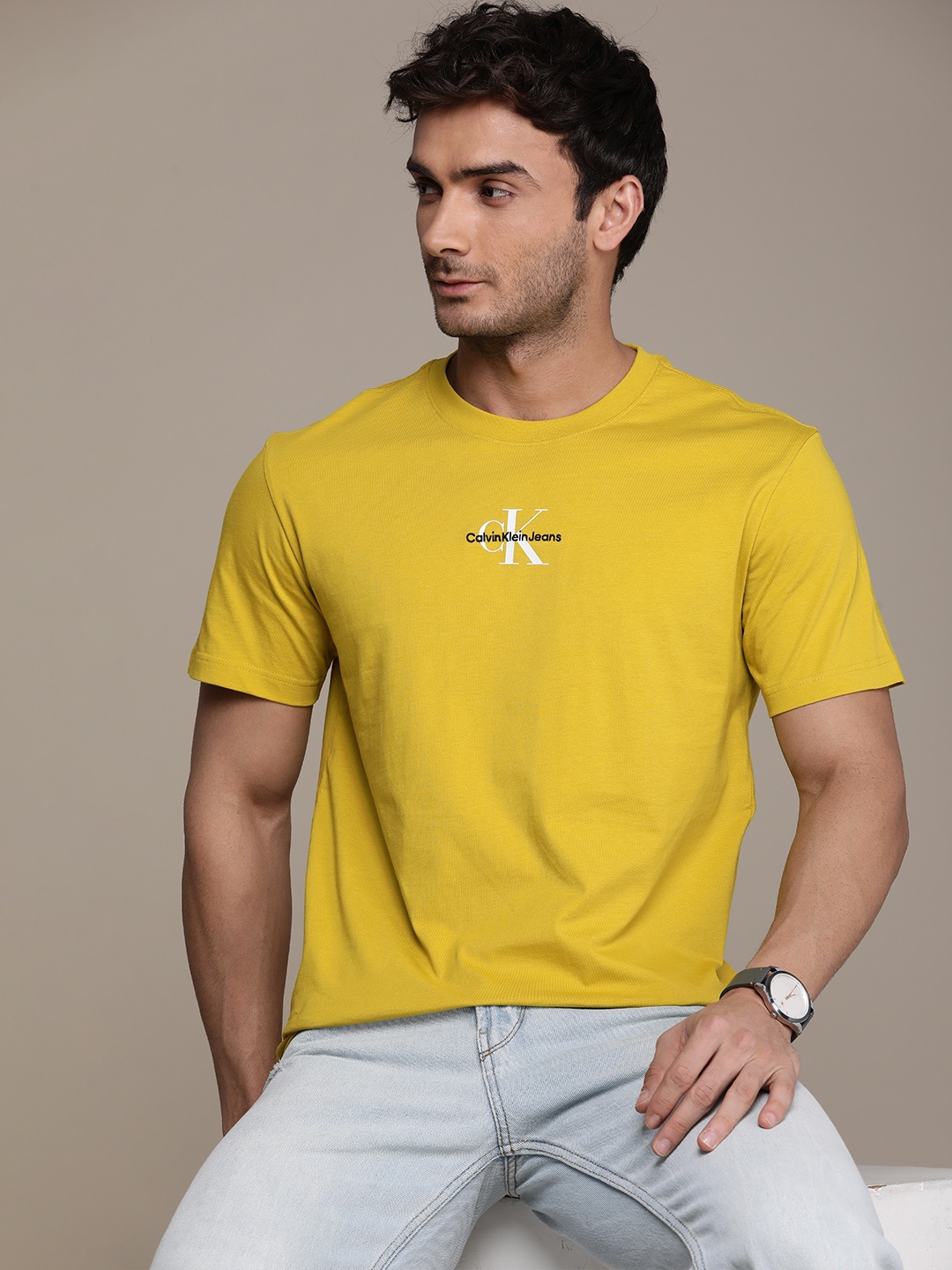 

Calvin Klein Jeans Brand Logo Printed Pure Cotton T-shirt, Yellow