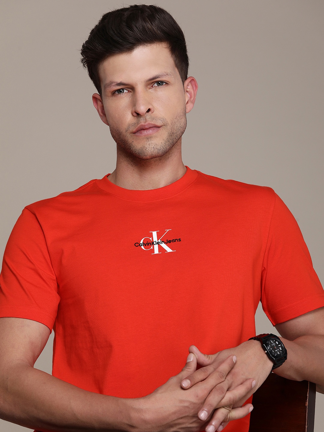 

Calvin Klein Jeans Brand Logo Embroidered Pure Cotton T-shirt, Red