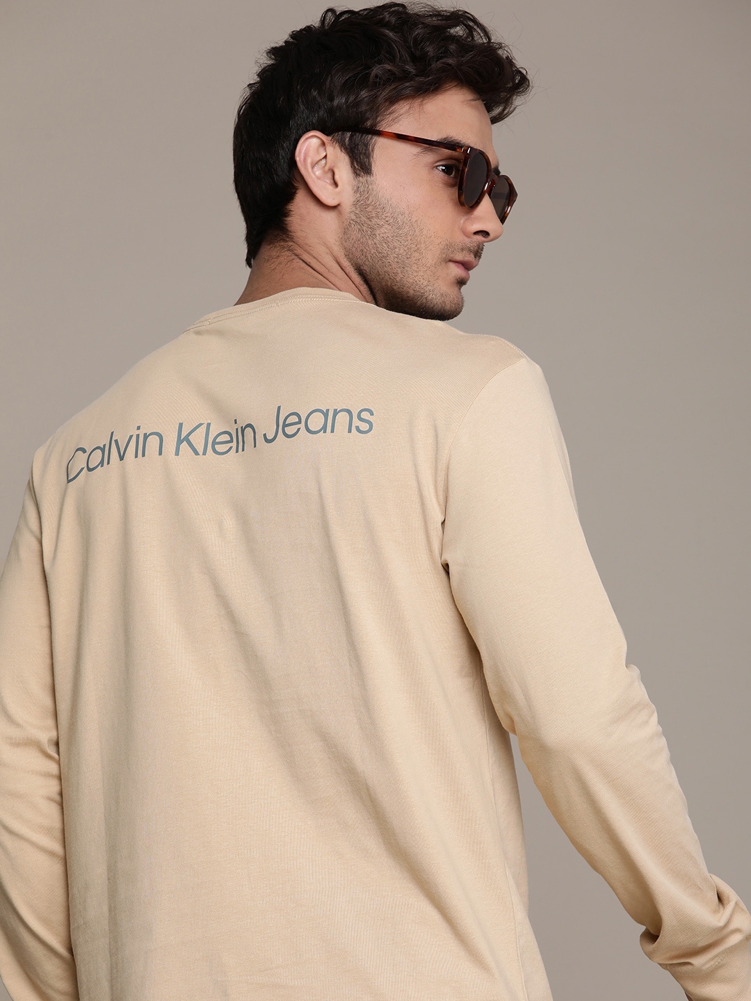 

Calvin Klein Jeans Brand Logo Printed Pure Cotton T-shirt, Beige