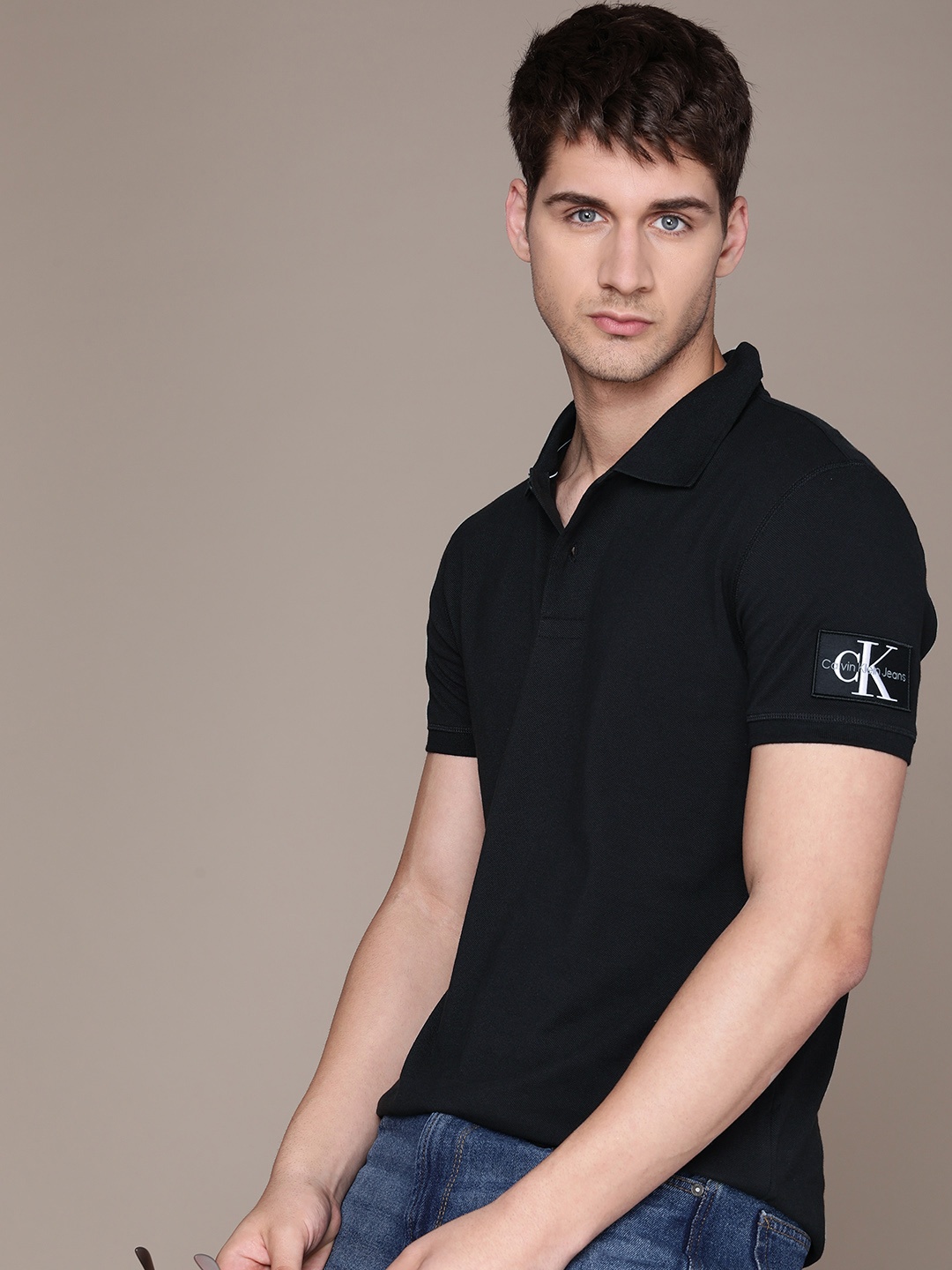 

Calvin Klein Jeans Polo Collar Pure Cotton With Applique Detail T-shirt, Black