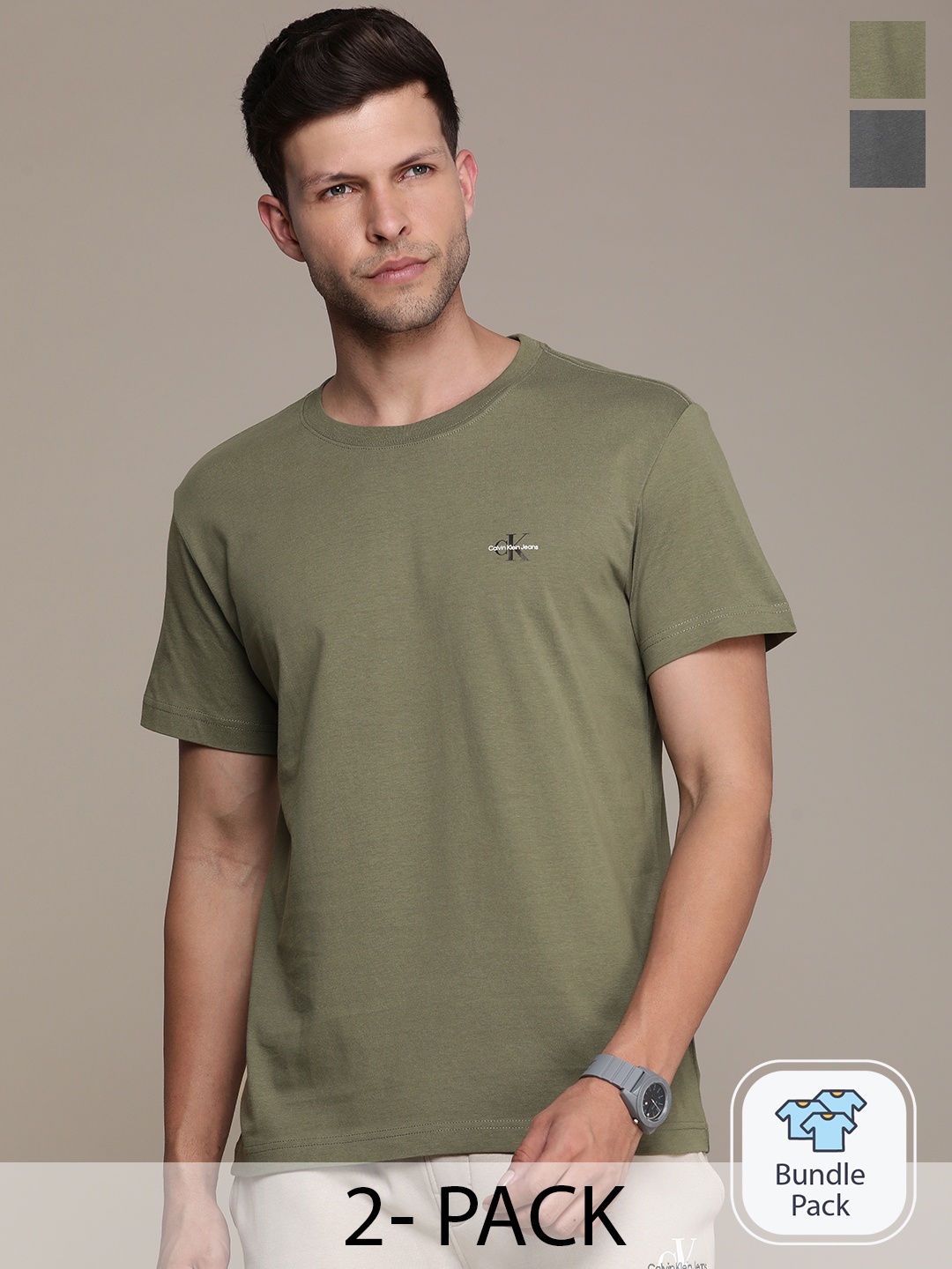 

Calvin Klein Jeans Pack Of 2 Pure Cotton Solid Round Neck T-shirt, Olive