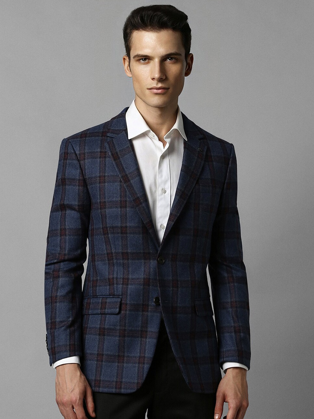 

Louis Philippe Checked Single-Breasted Pure Woollen Slim-Fit Formal Blazer, Navy blue