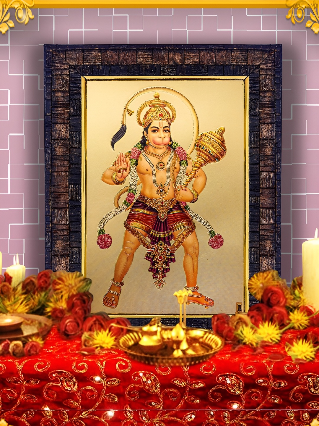

Hawai Black & Red Lord Hanuman ji Bajrangbali Gold Plated Wall Wooden Photo Frame
