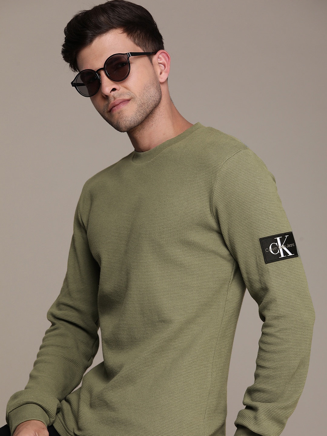 

Calvin Klein Jeans Self Design Pure Cotton Slim Fit T-shirt, Olive