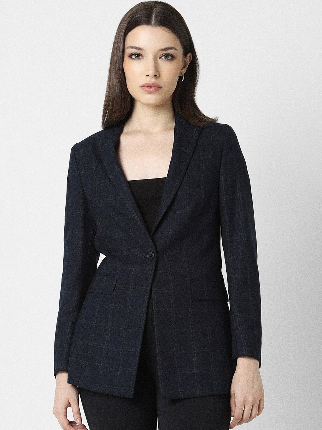 

Van Heusen Woman Checked Single-Breasted Slim-Fit Formal Blazer, Navy blue