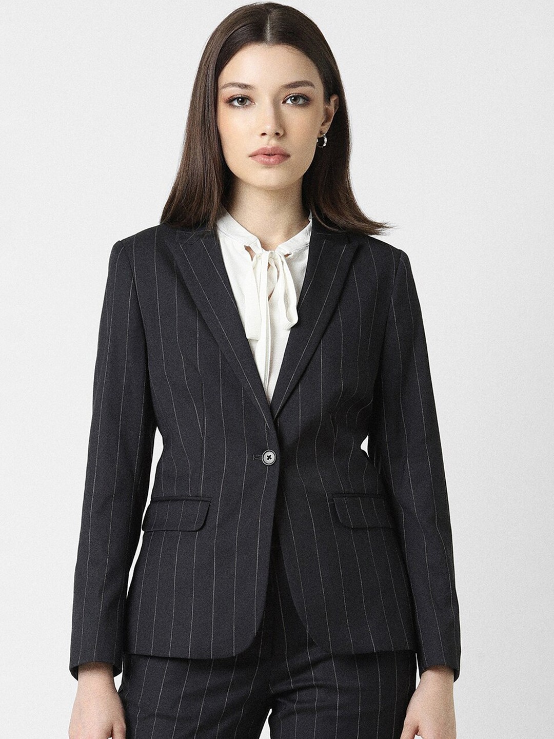 

Van Heusen Woman Striped Single-Breasted Slim-Fit Blazers, Black
