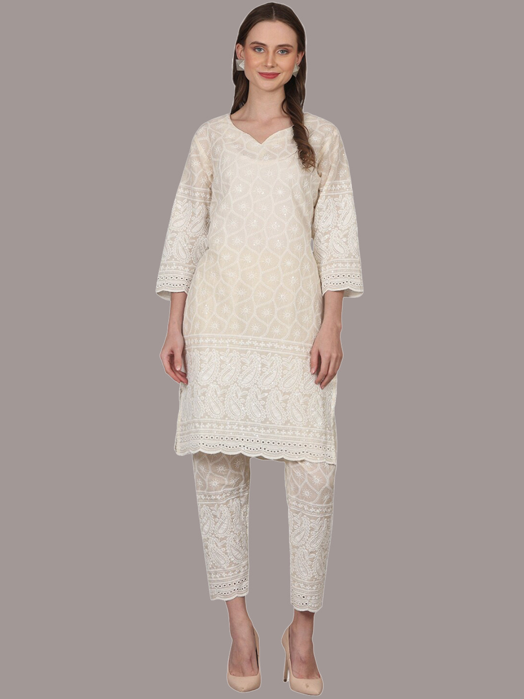 

pinfit Ethnic Motifs Embroidered V-Neck Chikankari Pure Cotton Kurta with Trousers, Off white