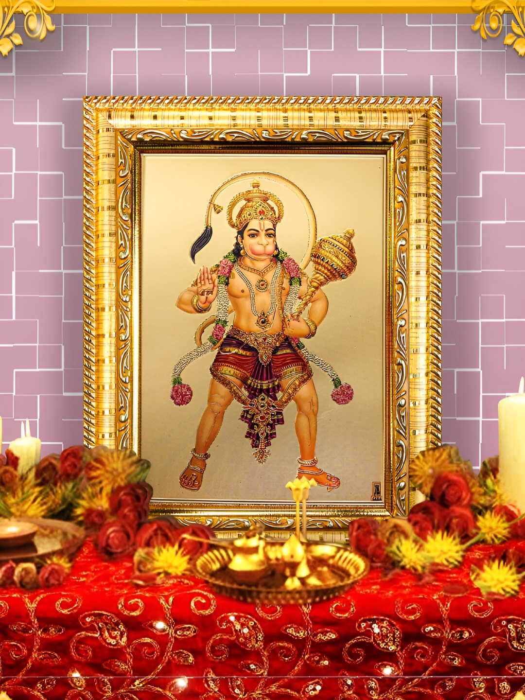 

Hawai Gold-Toned & Red ord Hanuman ji Bajrangbali Gold Plated Wooden Wall Photo Frame