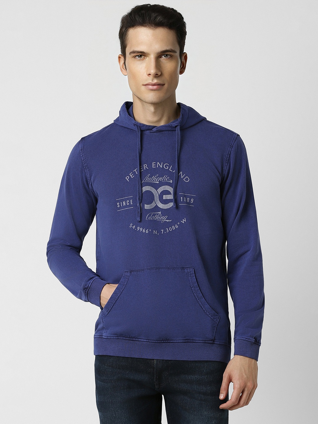 

Peter England Casuals Men Blue Printed Hooded Sweatshirt