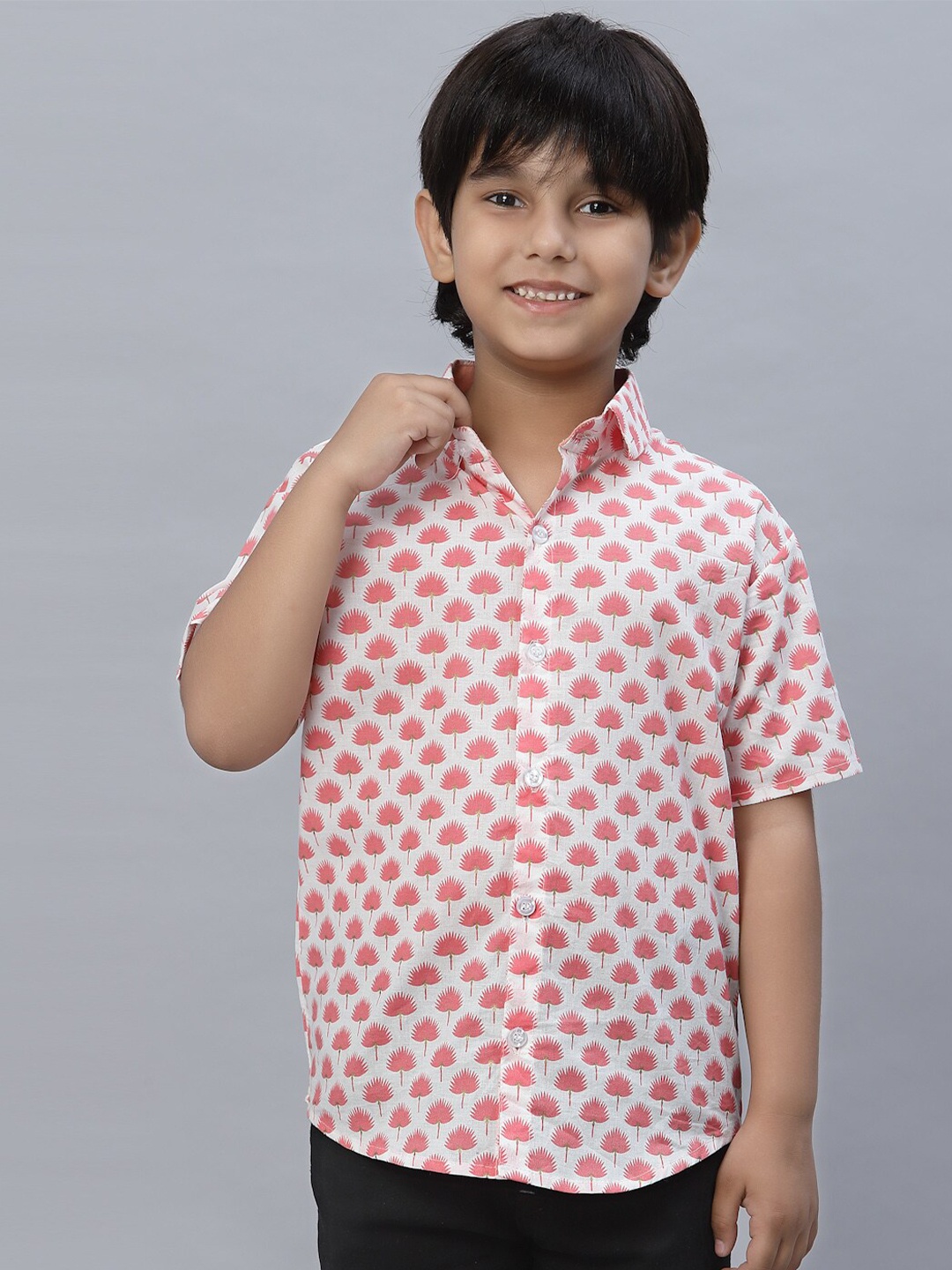 

NISHAB Boys Floral Printed Short Sleeves Cotton Casual Shirt, White