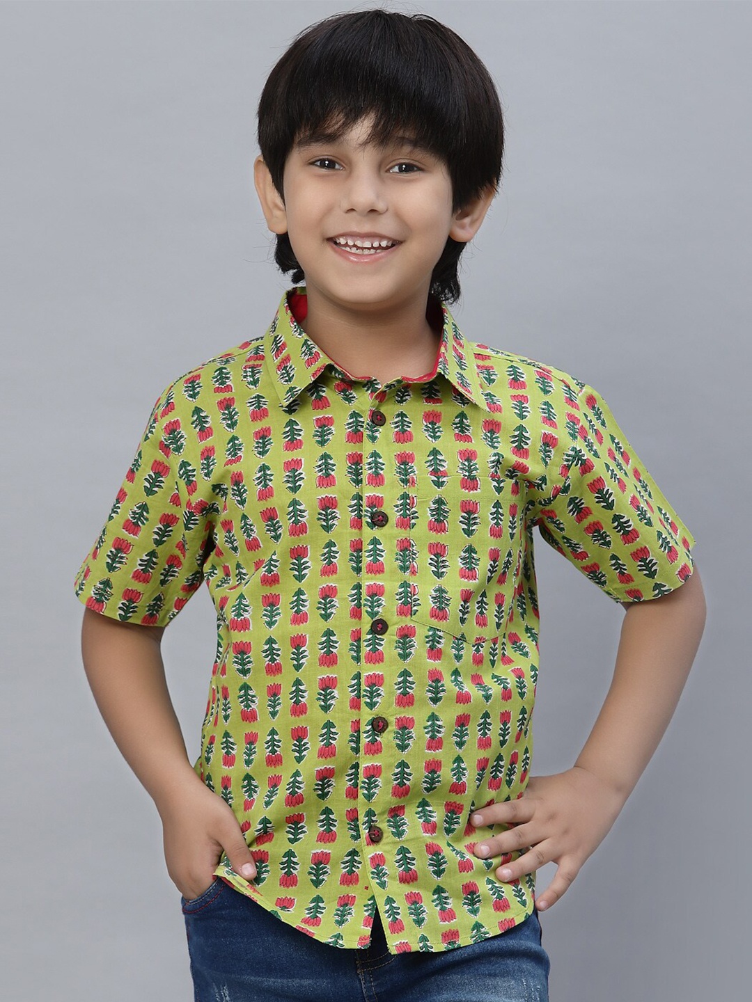 

NISHAB Boys Floral Printed Cotton Casual Shirt, Green