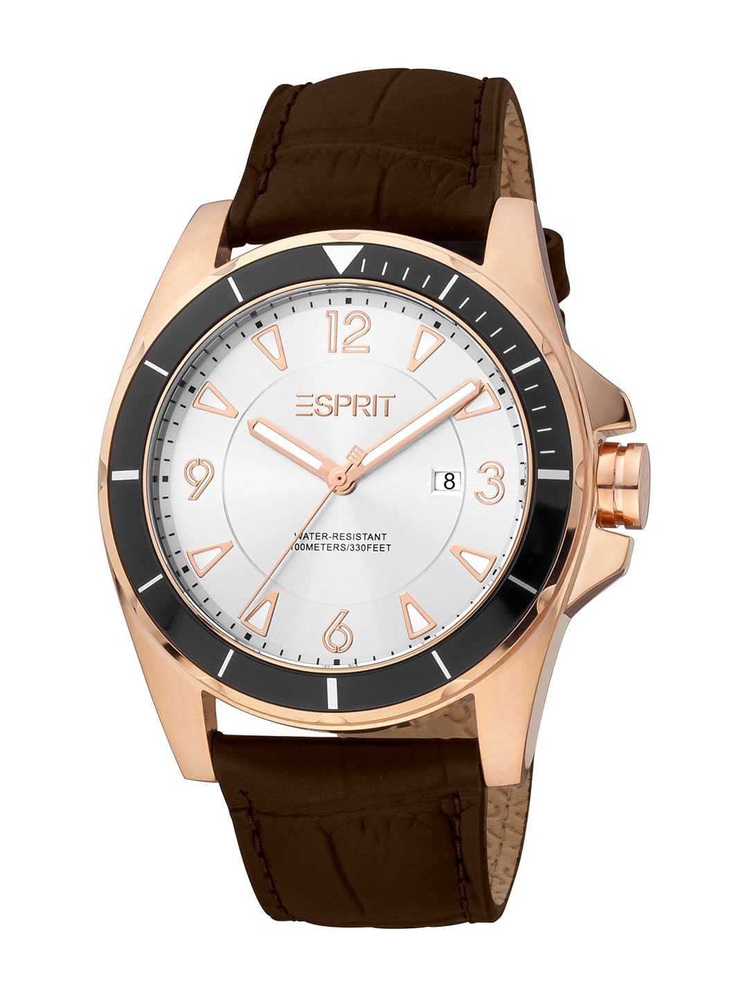 

ESPRIT Men Textured Brass Dial & Leather Straps Reset Time Analogue Watch ES1G322L0105, Silver