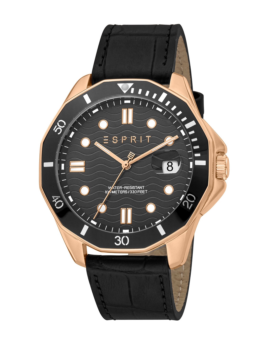 

ESPRIT Men Embellished Brass Dial & Leather Straps Analogue Watch ES1G390L0035, Black