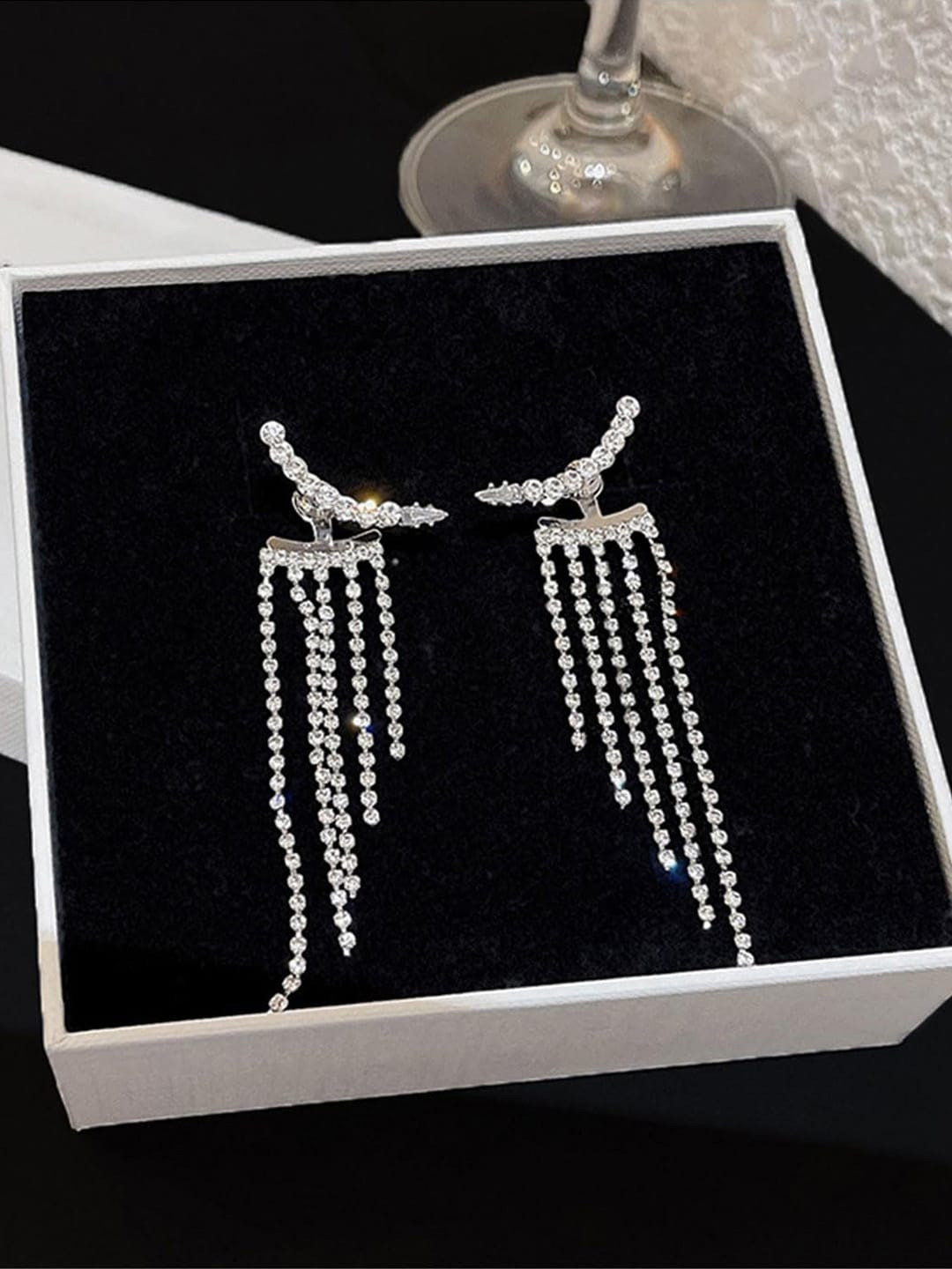 

Krelin Silver Plated Cubic Zirconia Studded Tasselled Drop Earrings