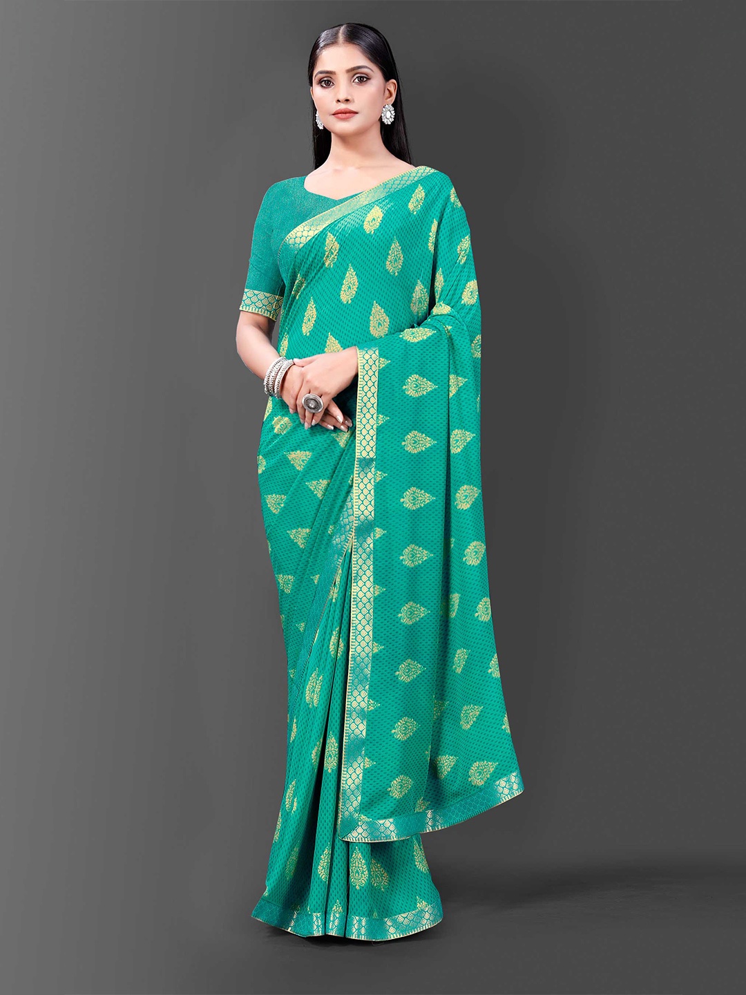 

choiceit Tan Ethnic Motifs Woven Design Saree, Green