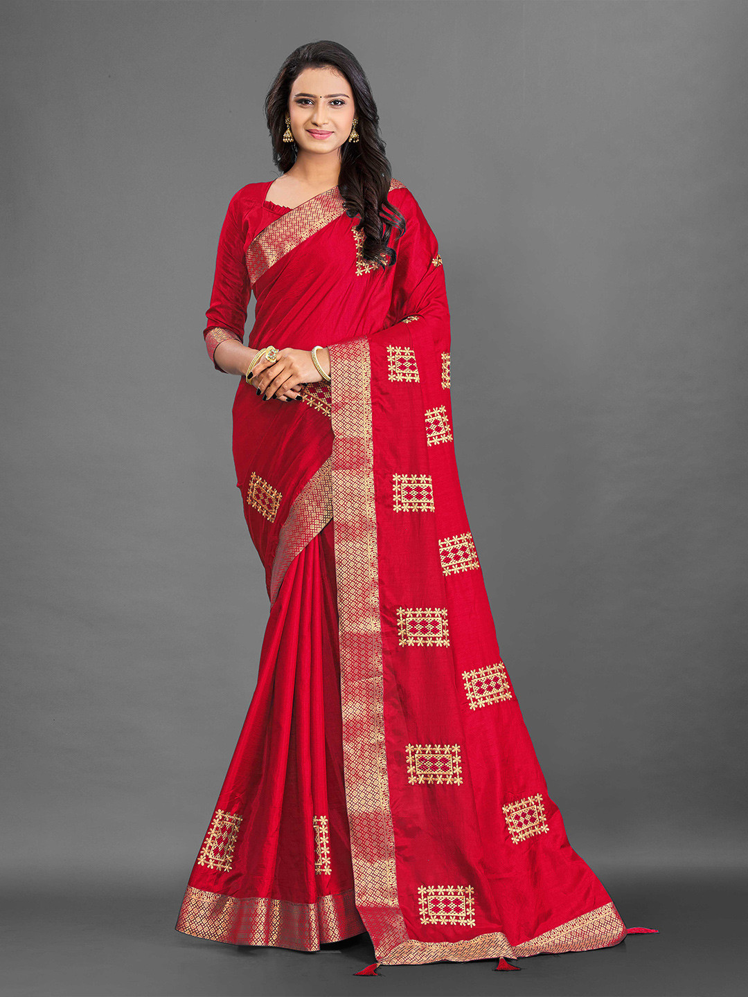 

choiceit Ethnic Motifs Embroidered Saree, Red