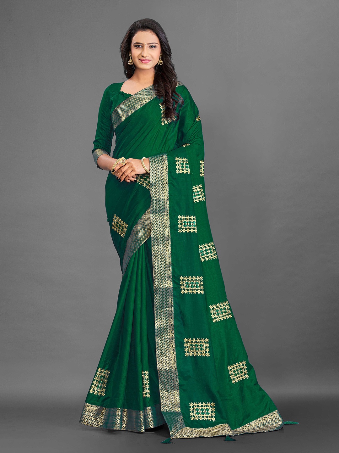 

choiceit Ethnic Motifs Embroidred Ikat Saree, Green