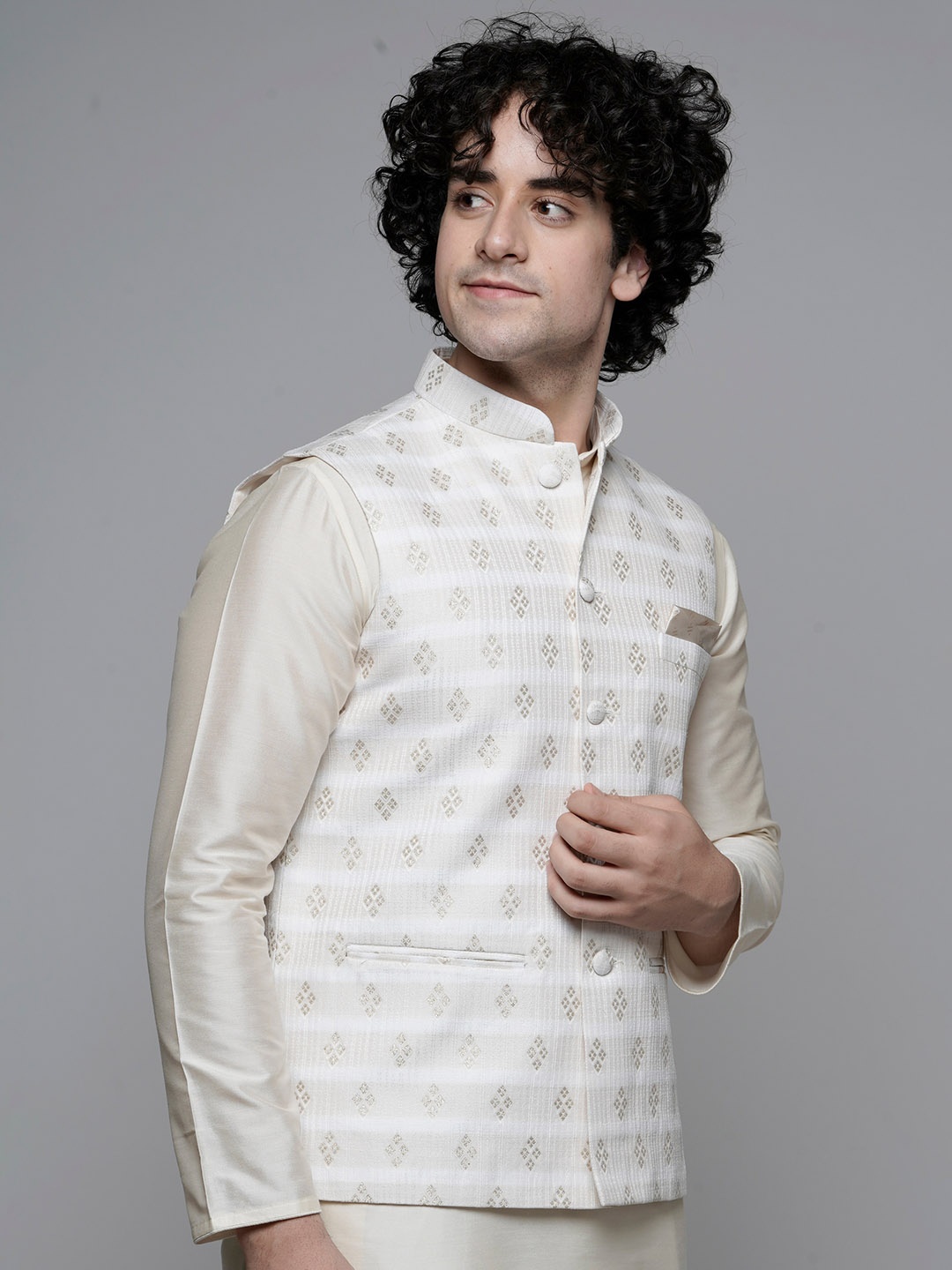 

MAAHI FABS Woven Design Nehru Jackets, Cream