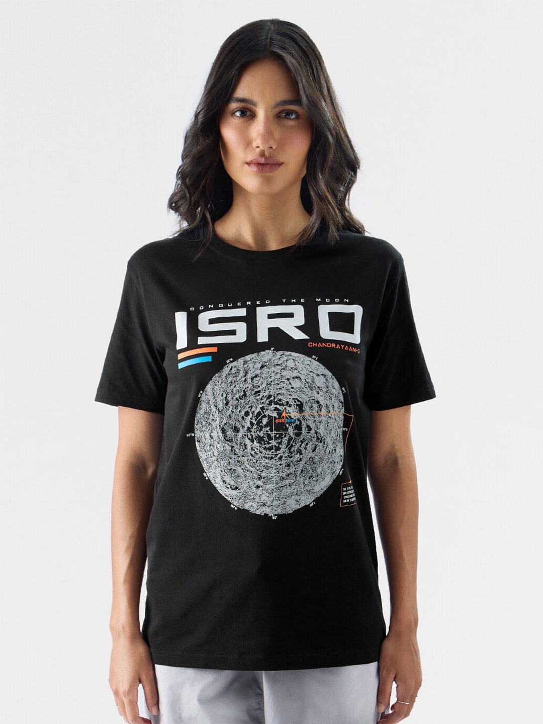 

The Souled Store Black Typography Isro Printed Pure Cotton Oversized T-shirt