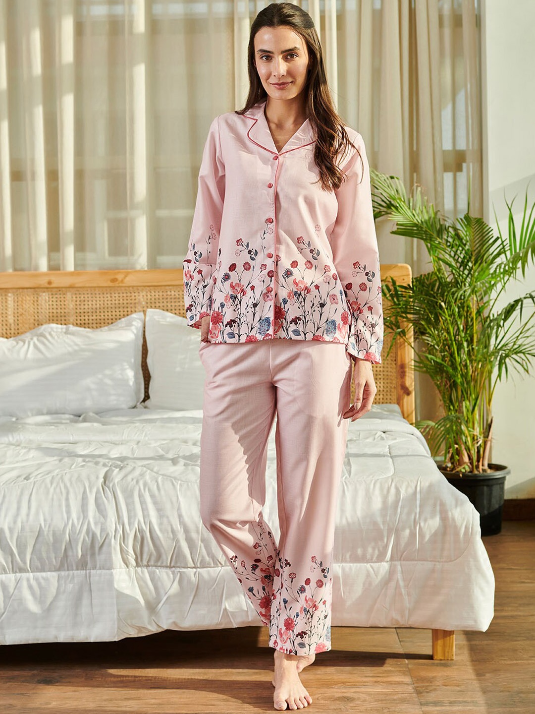

DUSK ATTIRE Printed Shirt With Pyjamas Night Suit, Pink