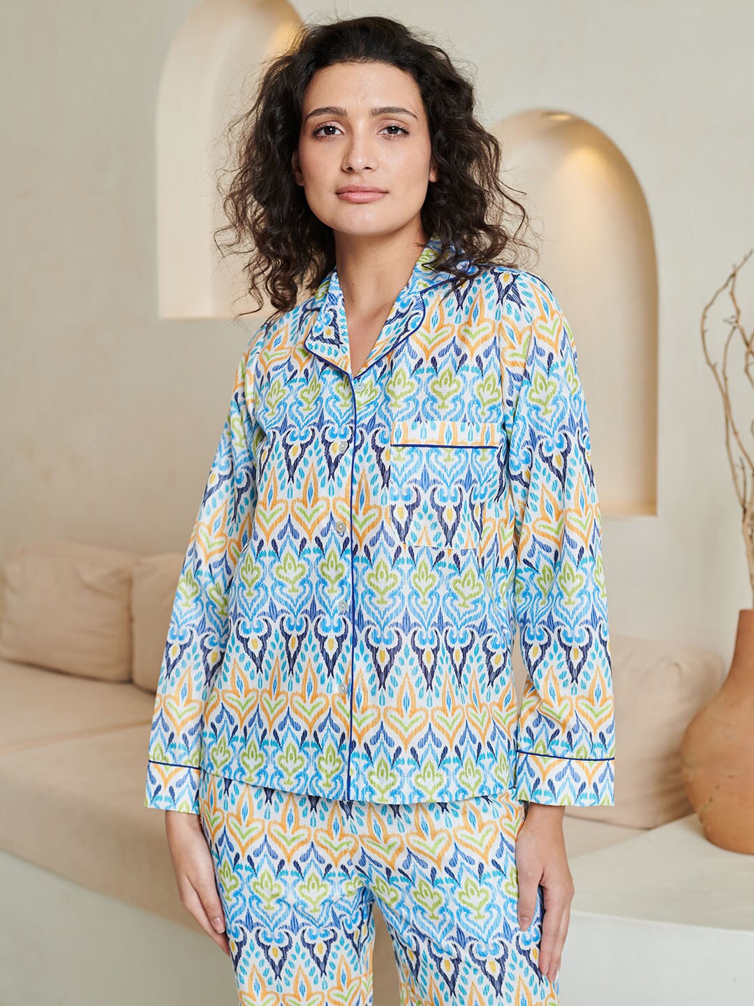 

DUSK ATTIRE Printed Shirt With Pyjamas Night Suit, Blue