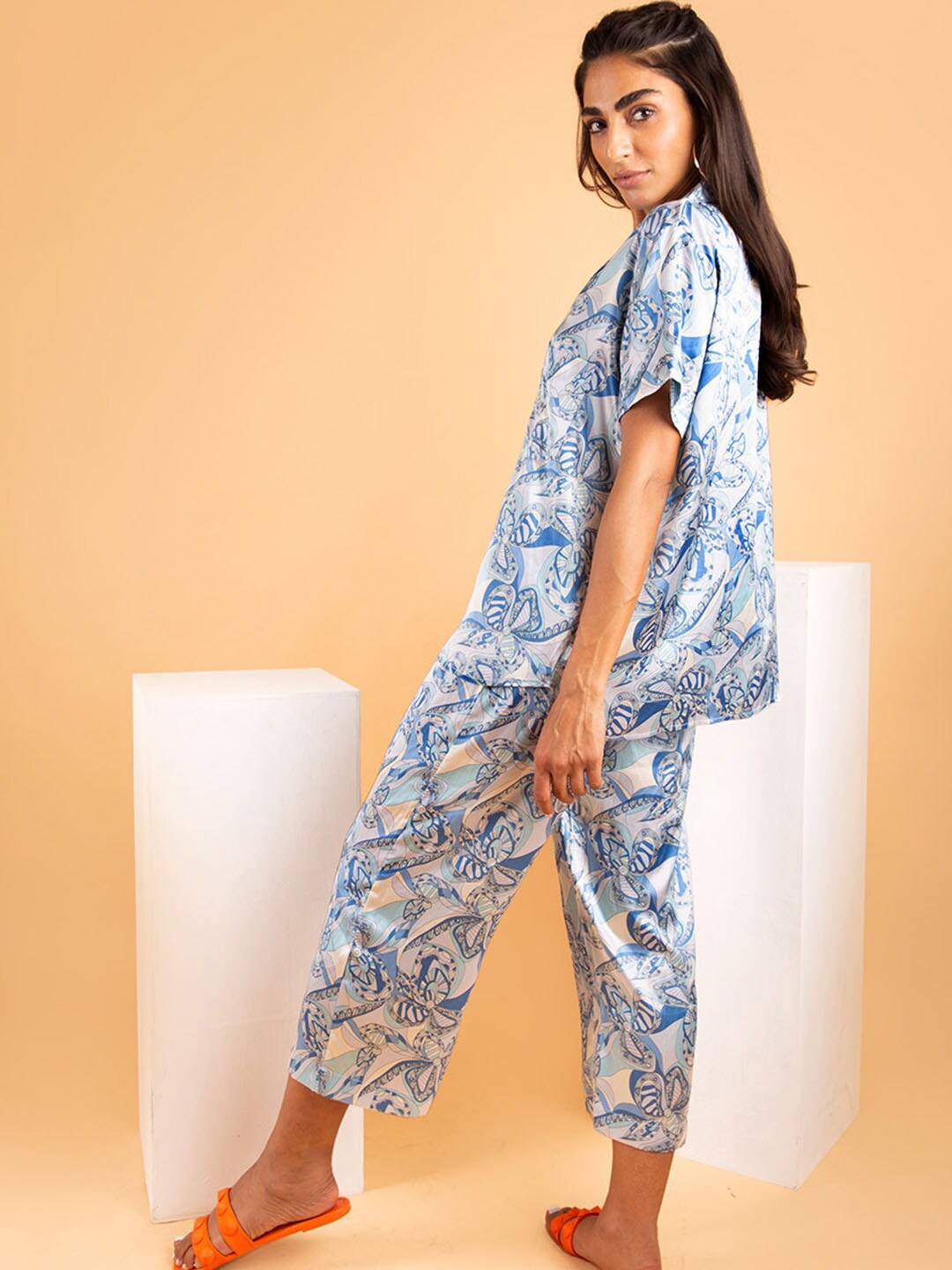 

DUSK ATTIRE Printed Shirt With Pyjamas Night Suit, Blue