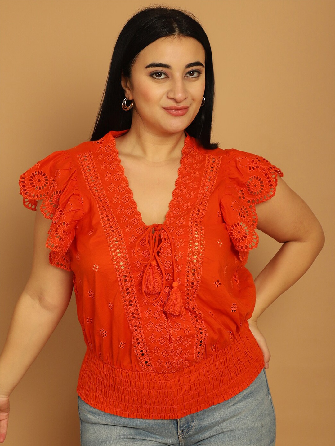 

NoBarr Self Design Tie-Up Neck Flutter Sleeves Smocking Cotton Lace Crop Top, Red