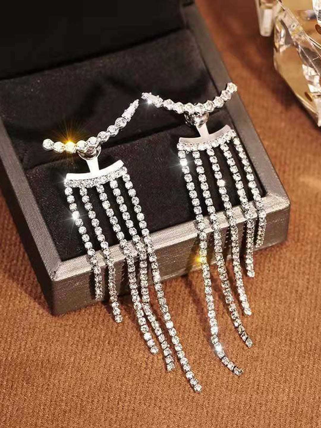 

VAGHBHATT Silver-Plated Stones-Studded Contemporary Drop Earrings
