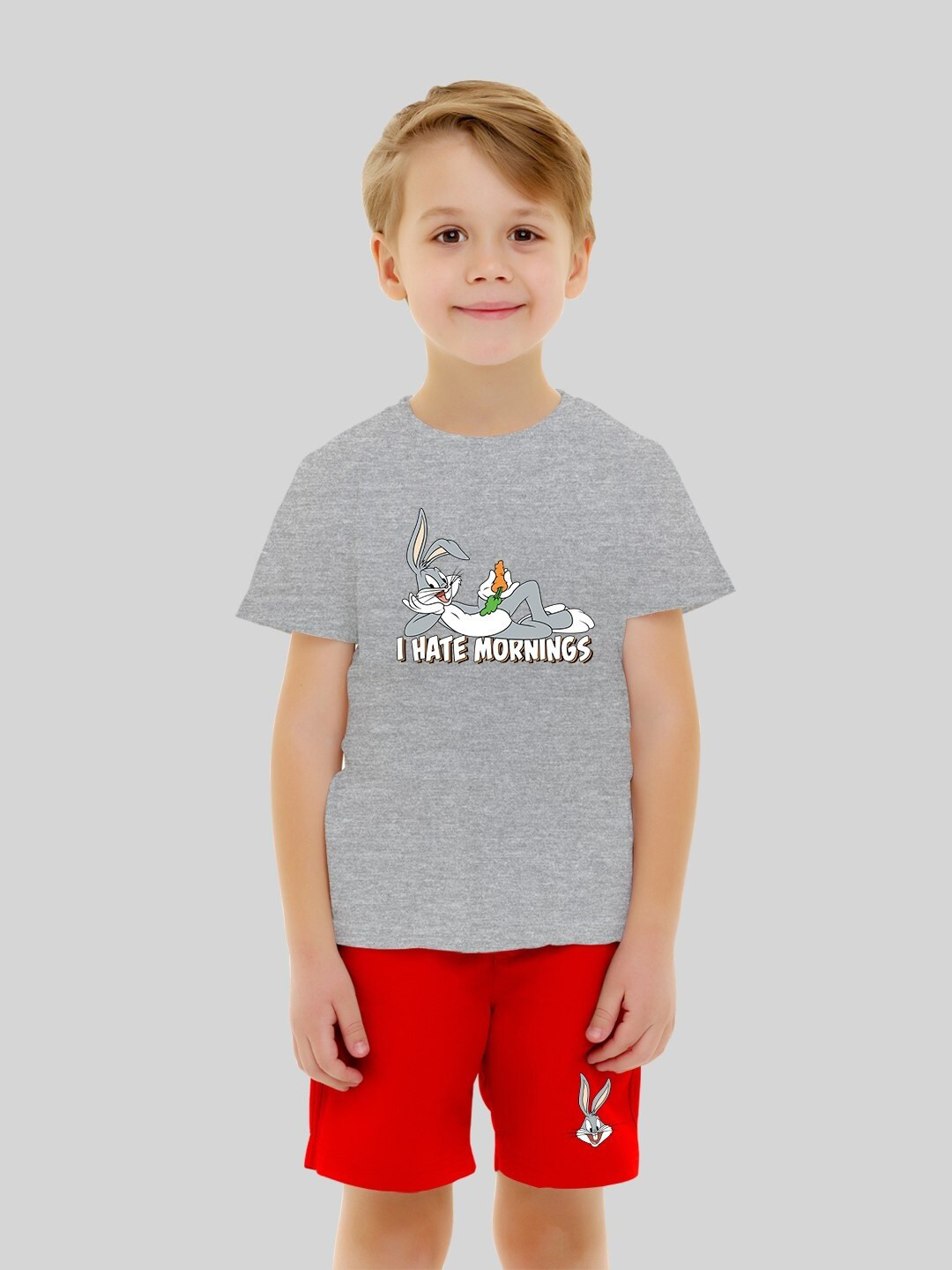 

Minute Mirth Infant Boys Looney Tunes Printed Pure Cotton T-shirt With Shorts, Grey