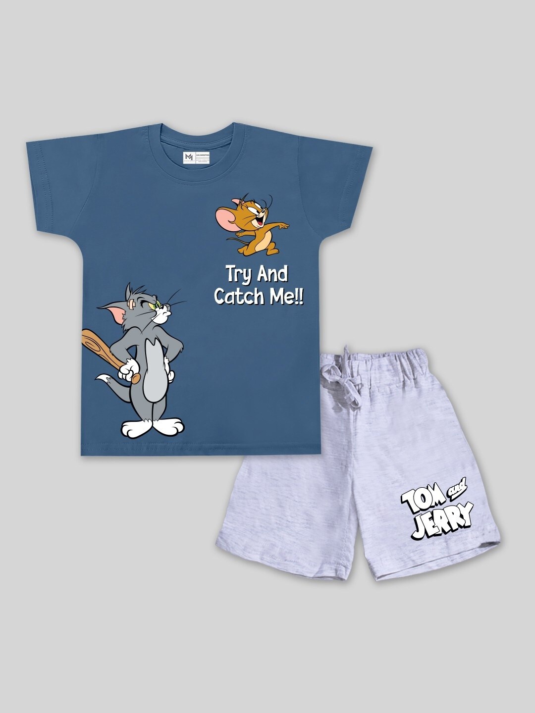 

Minute Mirth Infant Boys Tom & Jerry Printed Pure Cotton T-shirt With Shorts, Blue