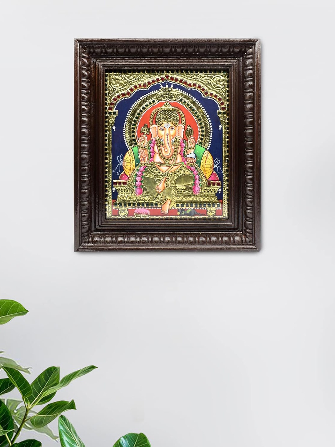 

PujaNPujari Brown & Gold toned Religious Wooden Ganapati Tanjore Painting Wall Aart